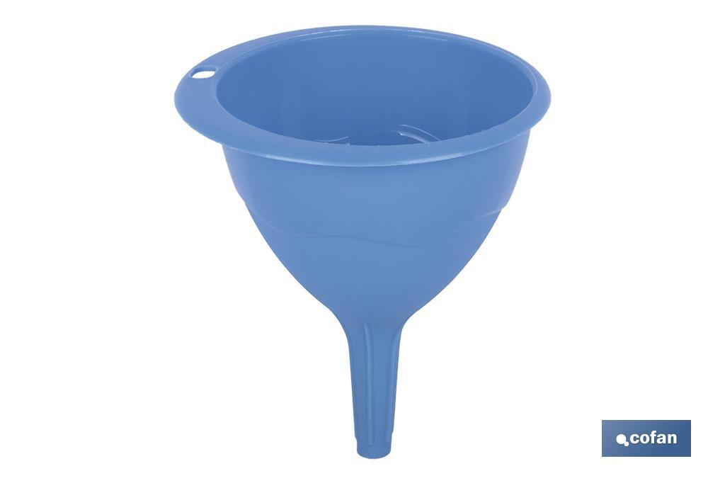 Embudo de plástico Udai | Disponible en color azul con certificado alimentario | Diferentes medidas
