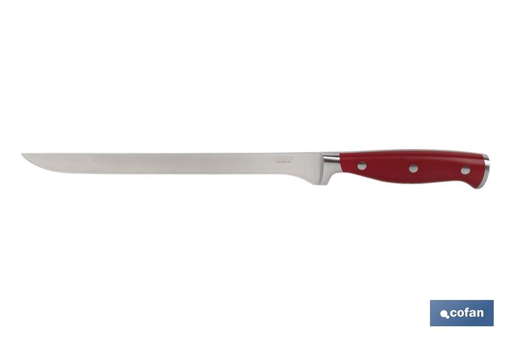 Cuchillo Jamonero  y Salmonero con forjado francés | En Color Rojo | Medida de la hoja de 25 cm