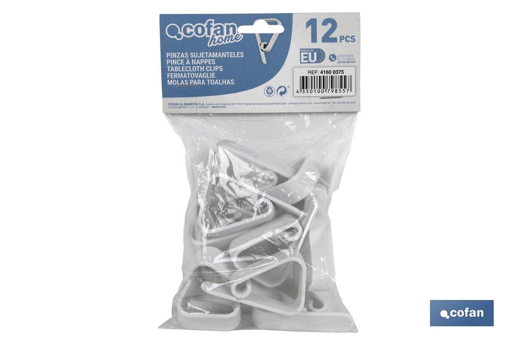 Pack de 12 Pinzas para sujetar manteles | Fabricadas en plástico blanco | Clips sujetamanteles flexibles y resistentes